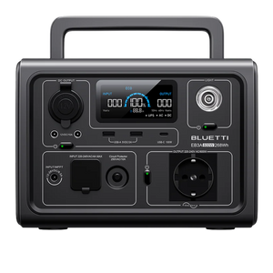 BLUETTI EB3A portable battery 268Wh with two 12V outputs, one 230VAC output, three USB ports and a free app