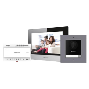 Hikvision DS-KIS702Y complete IP video intercom bundle with surface-mounted DS-KD8003Y-IME2, DS-KH6320Y-WTE2, DS-KAD702Y, Video Audio Distributor and SD card