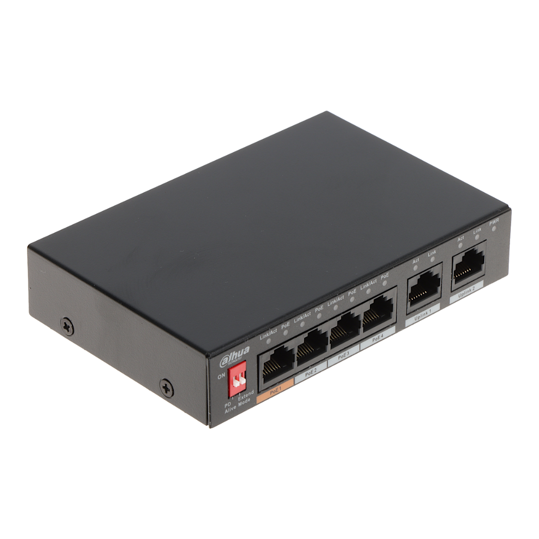 Dahua PFS3006-4ET-60-V2 4 poort 802.3af/at PoE en Hi-PoE switch met 2 ...