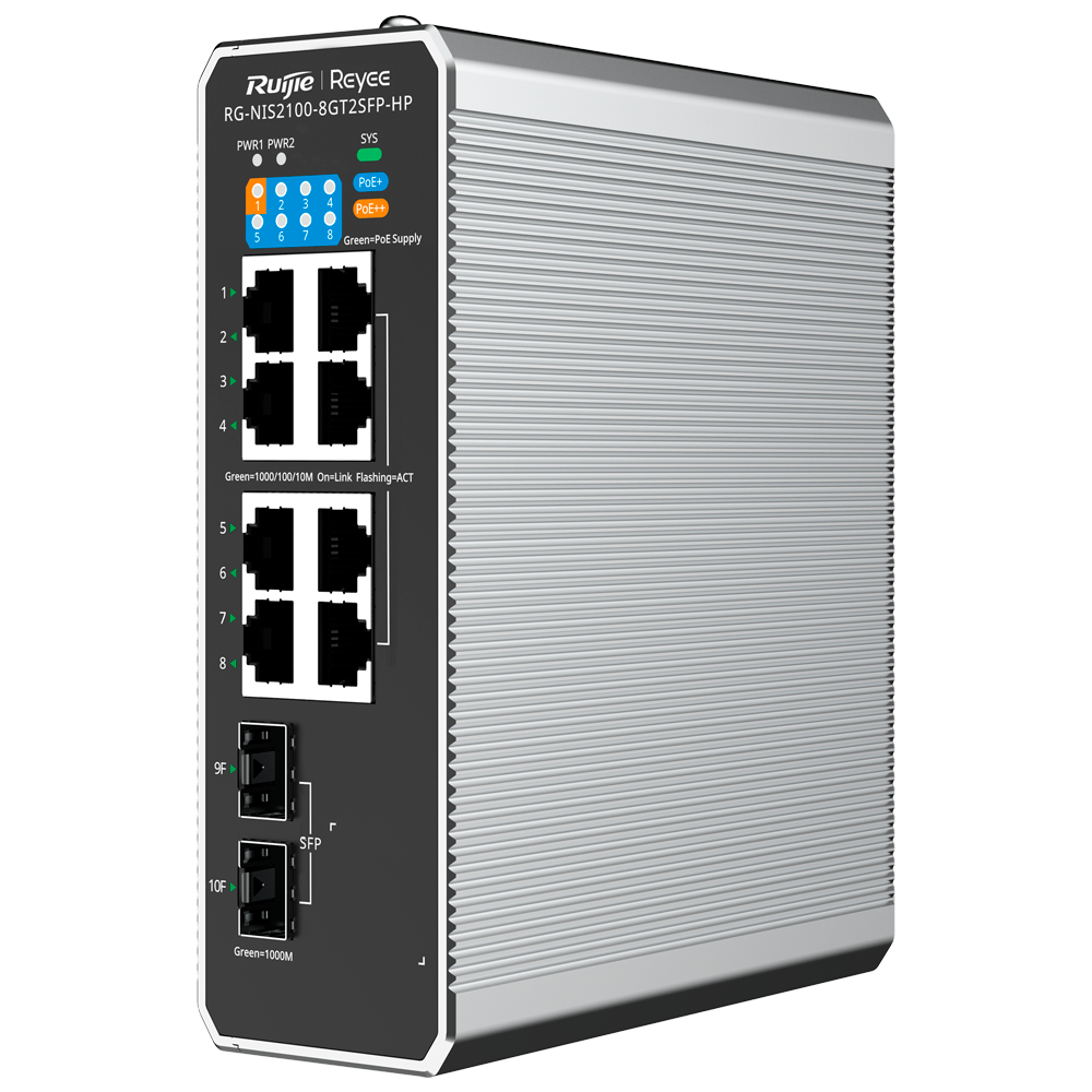 Reyee RG-NIS2100-8GT2SFP-HP – Managed Gigabit PoE+ Switch met 8x RJ45 & 2x SFP, Layer 2, 130W