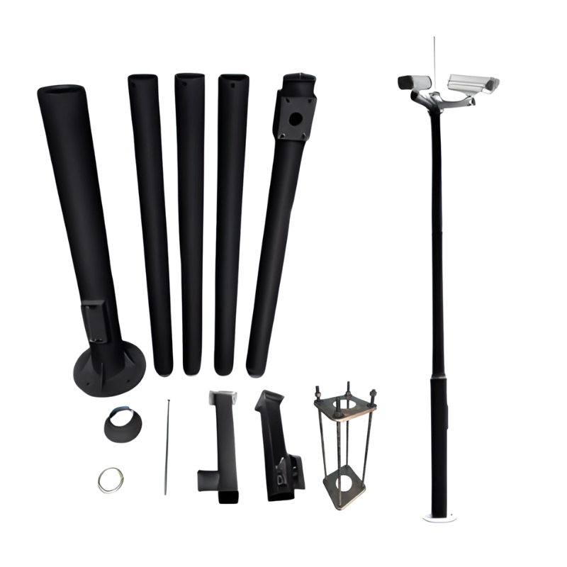UMA CP60-B zwarte camera paal 6 meter universeel in onderdelen kit voor zelfbouw met grondanker en camerasteunen