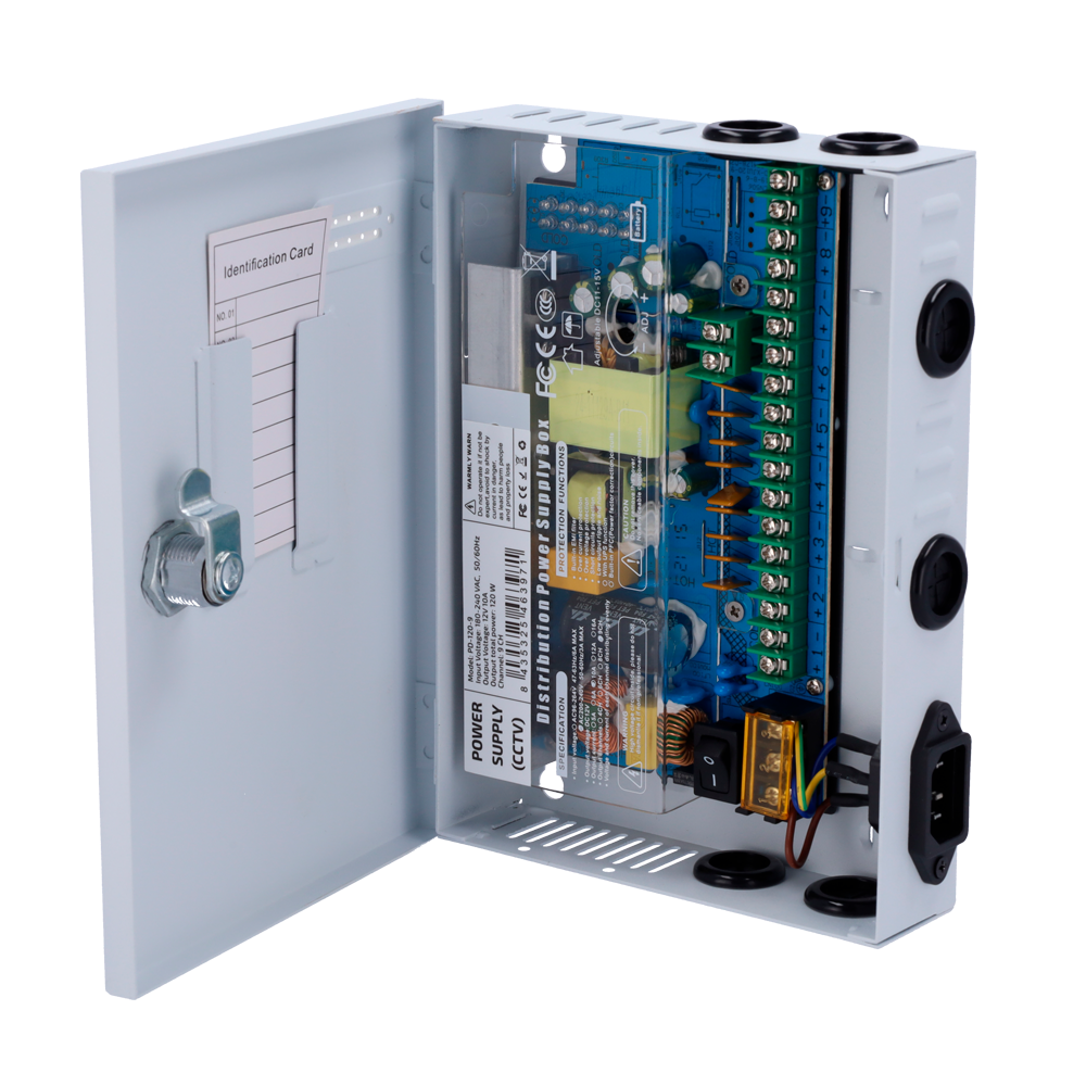 UMA PSDB1209 Negenvoudige voeding verdeelkast met 1 AC-ingang 230V,  uitgangsspanning 12V/120W en metalen behuizing
