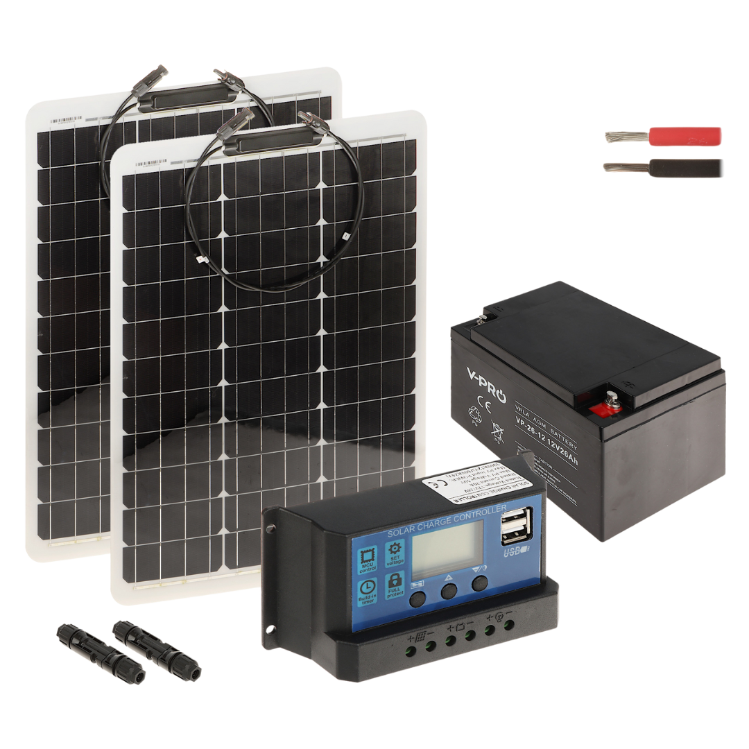UMA SOLAR-KIT-260B50-20F complete zonne-energie kit met 12V 26Ah accu,  snoer,  2x 50W flexibel zonnepaneel en controller