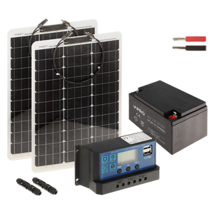 UMA SOLAR-KIT-260B50-20F complete zonne-energie kit met 12V 26Ah accu,  snoer,  2x 50W flexibel zonnepaneel en controller