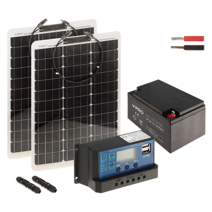 UMA SOLAR-KIT-260B50-20F complete zonne-energie kit met 12V 26Ah accu,  snoer,  2x 50W flexibel zonnepaneel en controller