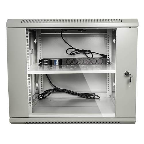 UMA SR9U-G Server wandkast 9U 19" met ventilator,  voeding,  deur met gehard glas en slot