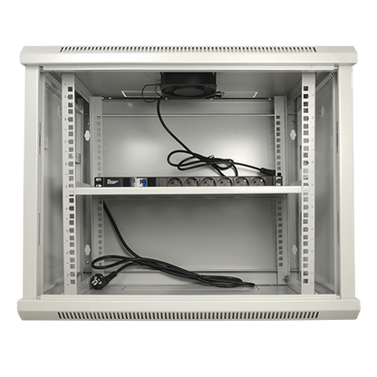 UMA SR9U-G Server wandkast 9U 19" met ventilator,  voeding,  deur met gehard glas en slot