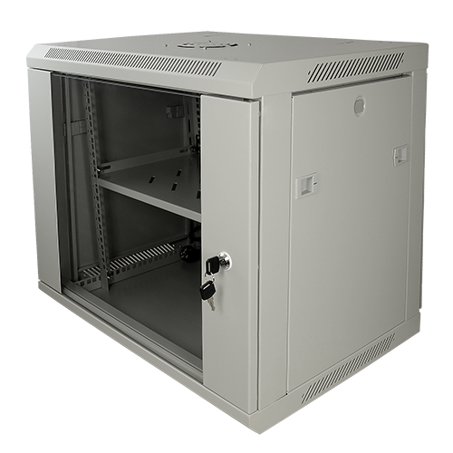 UMA SR9U-G Server wandkast 9U 19" met ventilator,  voeding,  deur met gehard glas en slot