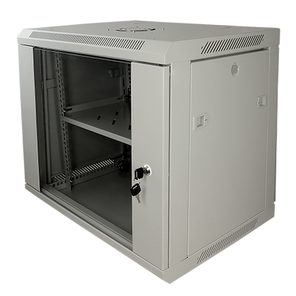 UMA SR9U-G Server wandkast 9U 19" met ventilator,  voeding,  deur met gehard glas en slot
