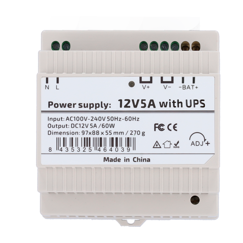 UMA UPS-DC12V5A-60-DIN 12VDC/5A DIN-rail voeding 60 Watt met back-up UPS ingang