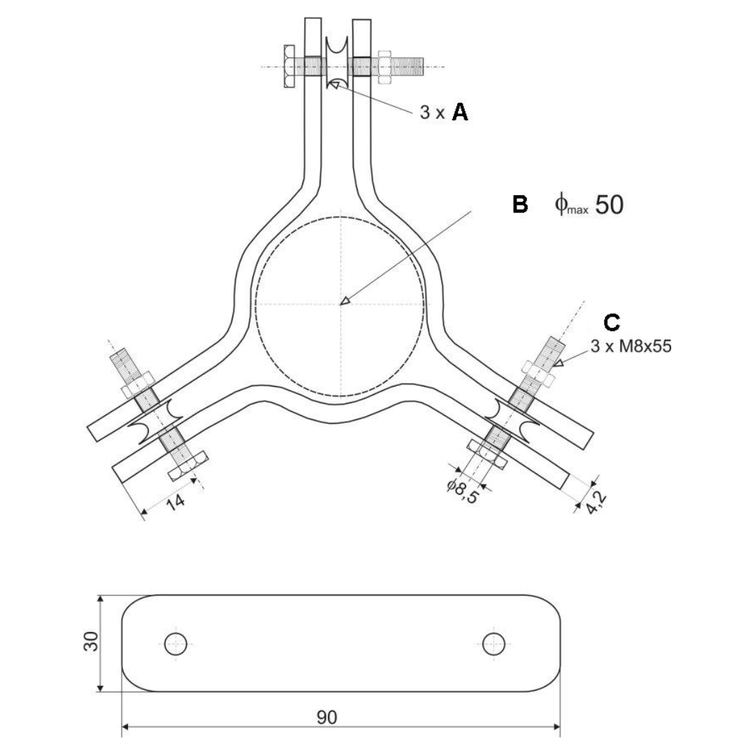 UMA MTKR-3050 Mastklem voor bevestiging van drie tuikabels voor een telescopische mast