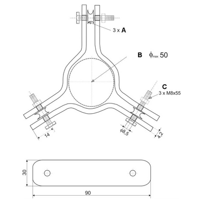 UMA MTKR-3050 Mastklem voor bevestiging van drie tuikabels voor een telescopische mast