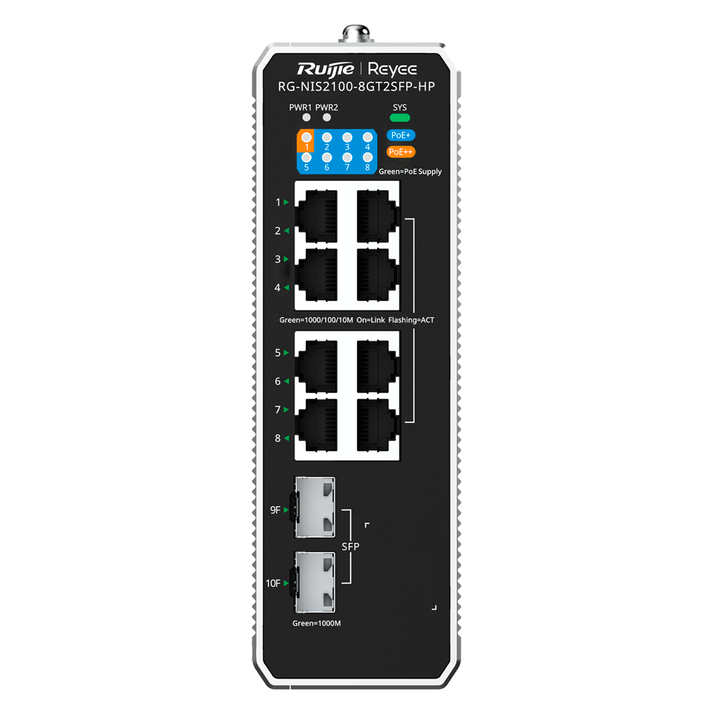 Reyee RG-NIS2100-8GT2SFP-HP – Managed Gigabit PoE+ Switch met 8x RJ45 & 2x SFP, Layer 2, 130W