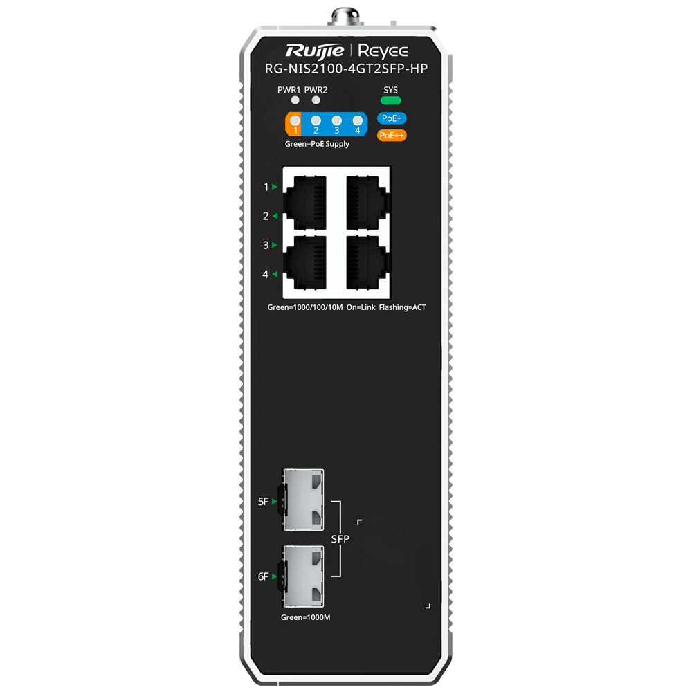 Reyee RG-NIS2100-4GT2SFP-HP – Managed Gigabit PoE+ Switch met 4x RJ45 & 2x SFP | Layer 2 Netwerk Switch